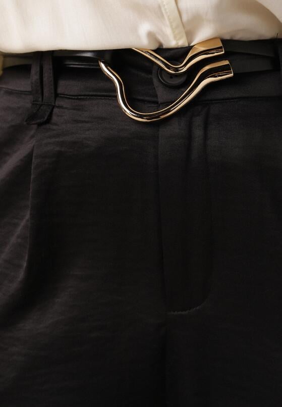 Czarne Szerokie Spodnie z Wysokim Stanem z Domieszką Bawełny i Geometryczną Klamrą Syliteia 5