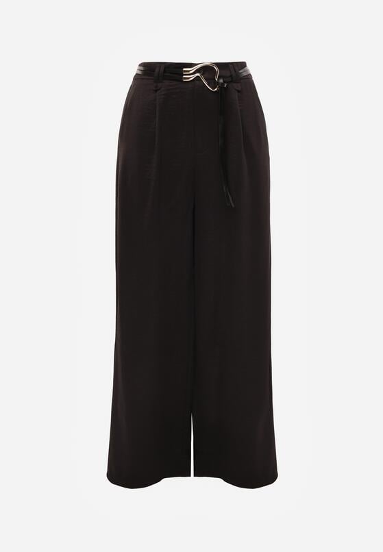 Czarne Szerokie Spodnie z Wysokim Stanem z Domieszką Bawełny i Geometryczną Klamrą Syliteia 6