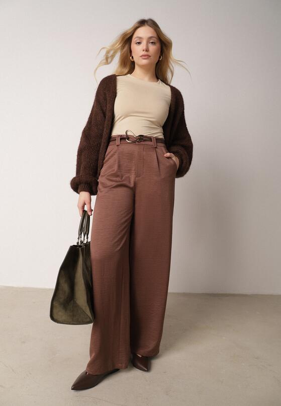 Brązowe Szerokie Spodnie z Wysokim Stanem z Domieszką Bawełny i Geometryczną Klamrą Syliteia 1