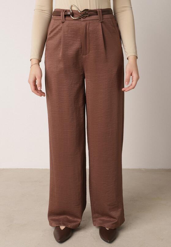 Brązowe Szerokie Spodnie z Wysokim Stanem z Domieszką Bawełny i Geometryczną Klamrą Syliteia 2