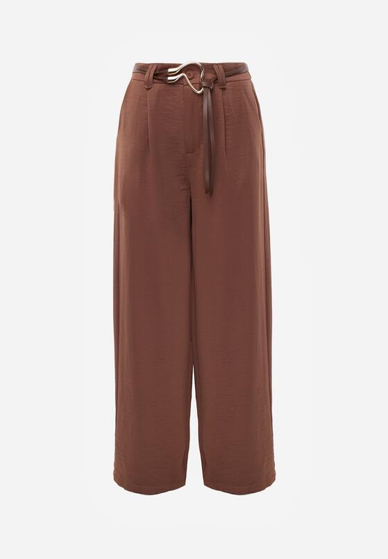 Brązowe Szerokie Spodnie z Wysokim Stanem z Domieszką Bawełny i Geometryczną Klamrą Syliteia 6