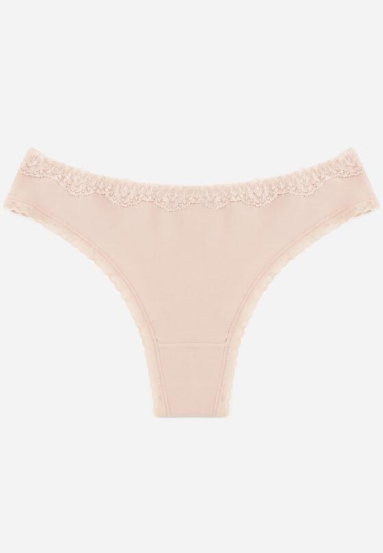 Beżowe Majtki z Bawełną Typu Stringi Ozdobione Koronką Cirilise 1