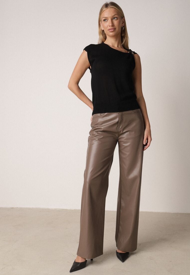 Czarna Dzianinowa Bluzka z Wiskozy Bez Rękawów z Biżuteryjną Aplikacją Orinera 2