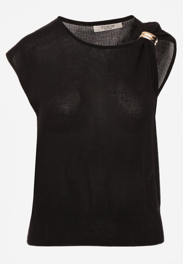 Czarna Dzianinowa Bluzka z Wiskozy Bez Rękawów z Biżuteryjną Aplikacją Orinera 6