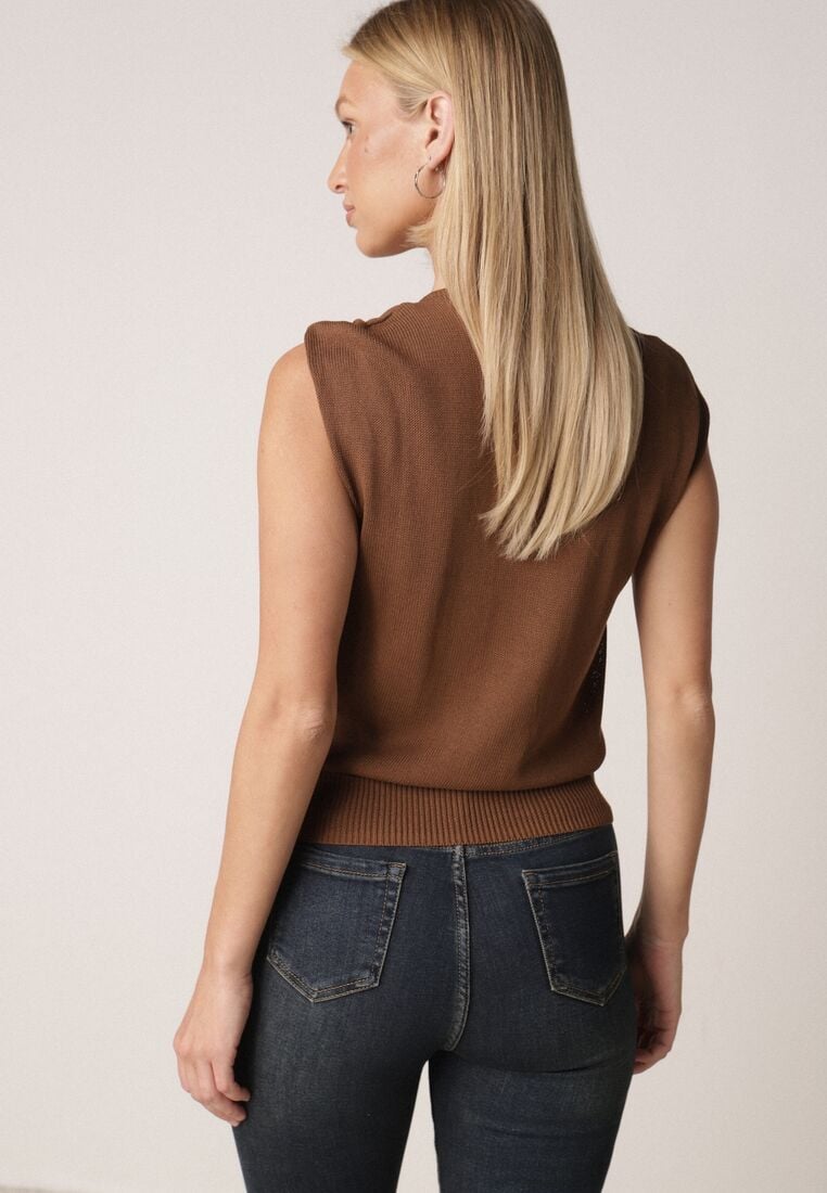Brązowa Dzianinowa Bluzka z Wiskozy Bez Rękawów z Biżuteryjną Aplikacją Orinera 3