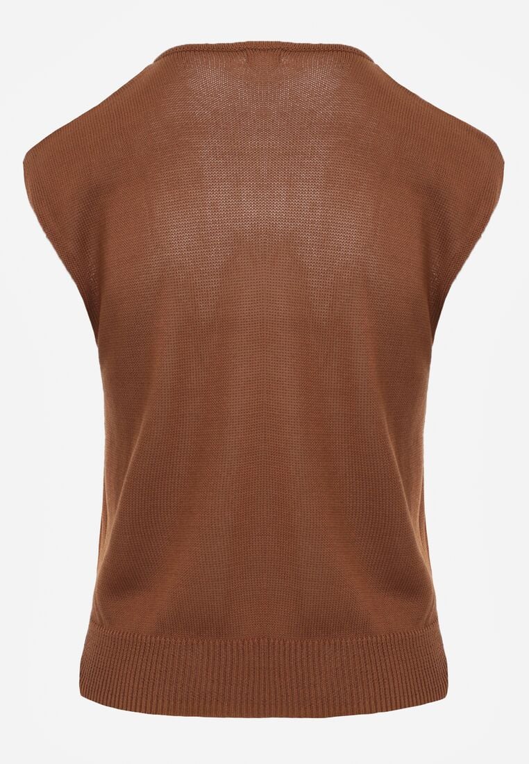 Brązowa Dzianinowa Bluzka z Wiskozy Bez Rękawów z Biżuteryjną Aplikacją Orinera 7