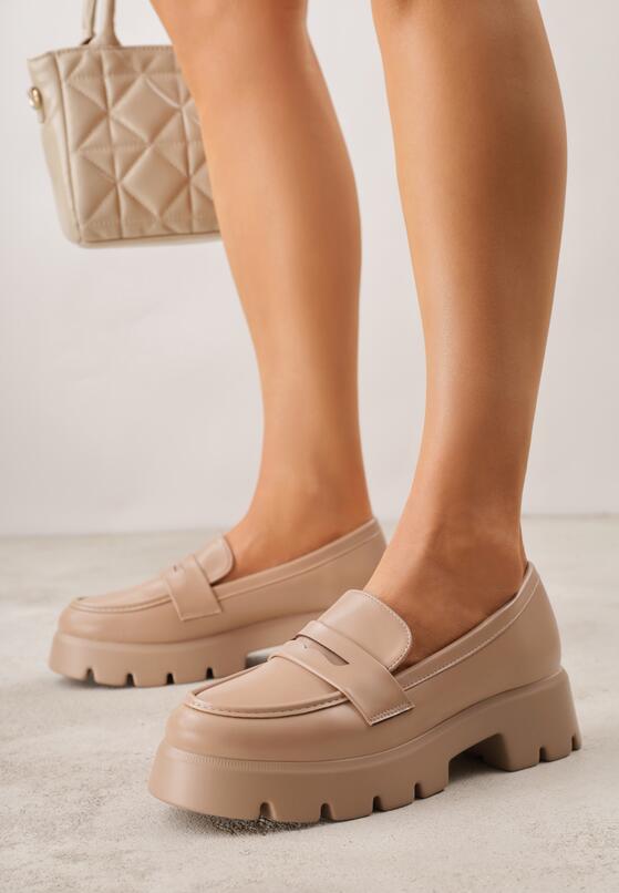 Ciemnobeżowe Mokasyny na Grubej Tłoczonej Podeszwie Dorikharei 2