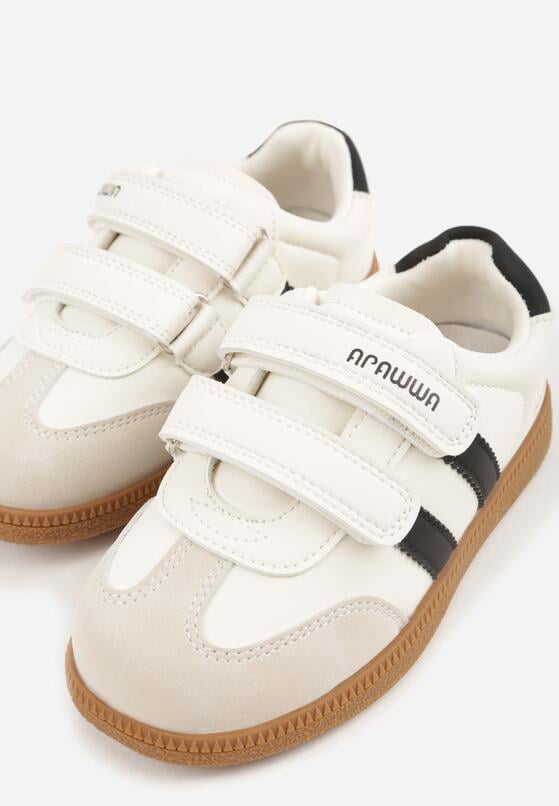 Beżowe Buty Sportowe Sneakersy ze Skórzaną Wkładką Napisami i Paskami Nemoreli 5