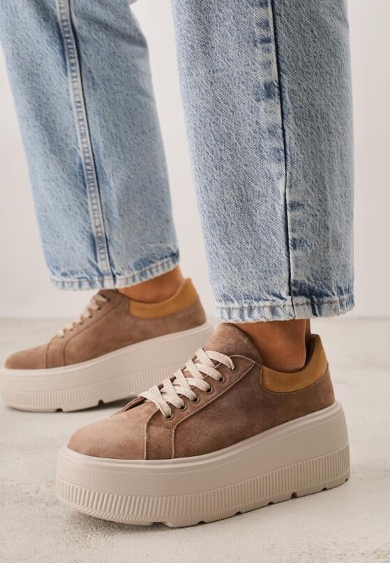 Brązowe Zamszowe Sneakersy na Grubej Podeszwie Latella 1