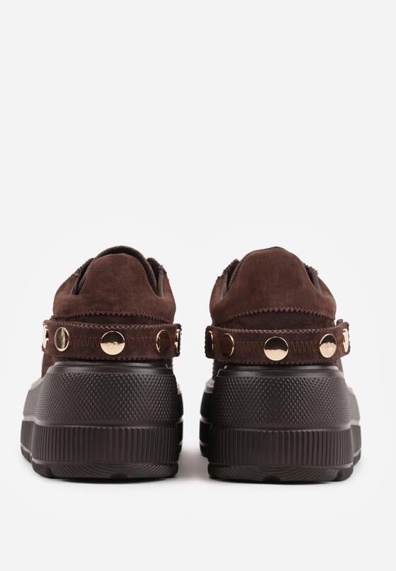 Ciemnobrązowe Skórzane Sneakersy na Platformie i Koturnie Zdobione Perforacją Peniesh 8