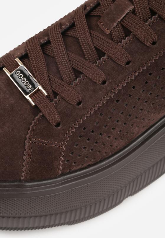 Ciemnobrązowe Skórzane Sneakersy na Platformie i Koturnie Zdobione Perforacją Peniesh 9
