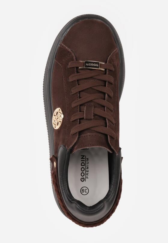 Brązowe Sneakersy Skórzane na Grubej Podeszwie z Plecionym Paskiem i Ozdobą Chalessei 6