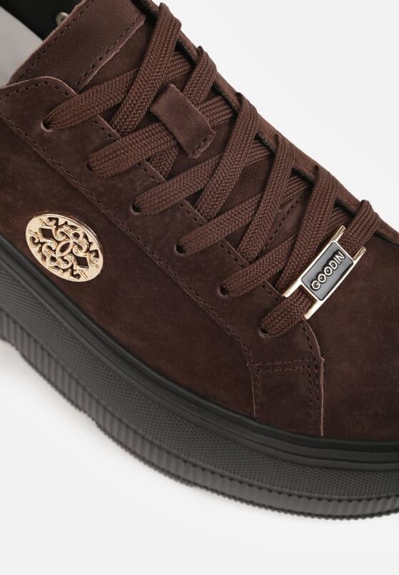 Brązowe Sneakersy Skórzane na Grubej Podeszwie z Plecionym Paskiem i Ozdobą Chalessei 9