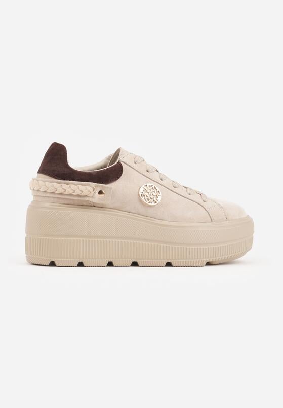 Beżowe Sneakersy Skórzane na Grubej Podeszwie z Plecionym Paskiem i Ozdobą Chalessei 4