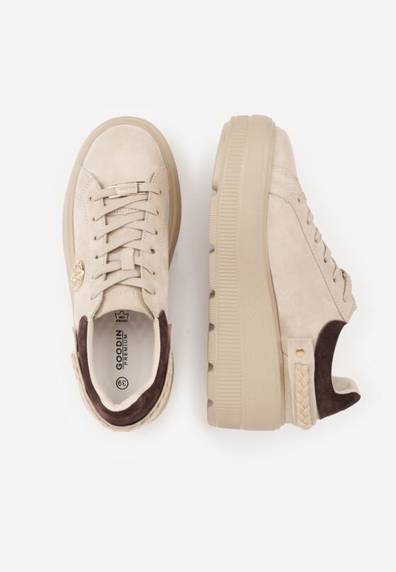 Beżowe Sneakersy Skórzane na Grubej Podeszwie z Plecionym Paskiem i Ozdobą Chalessei 6