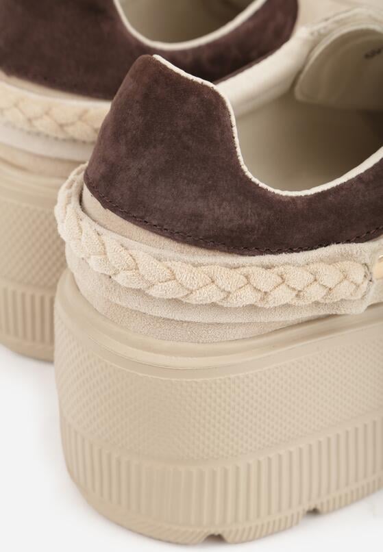 Beżowe Sneakersy Skórzane na Grubej Podeszwie z Plecionym Paskiem i Ozdobą Chalessei 8