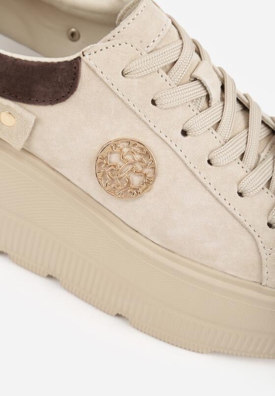 Beżowe Sneakersy Skórzane na Grubej Podeszwie z Plecionym Paskiem i Ozdobą Chalessei 9