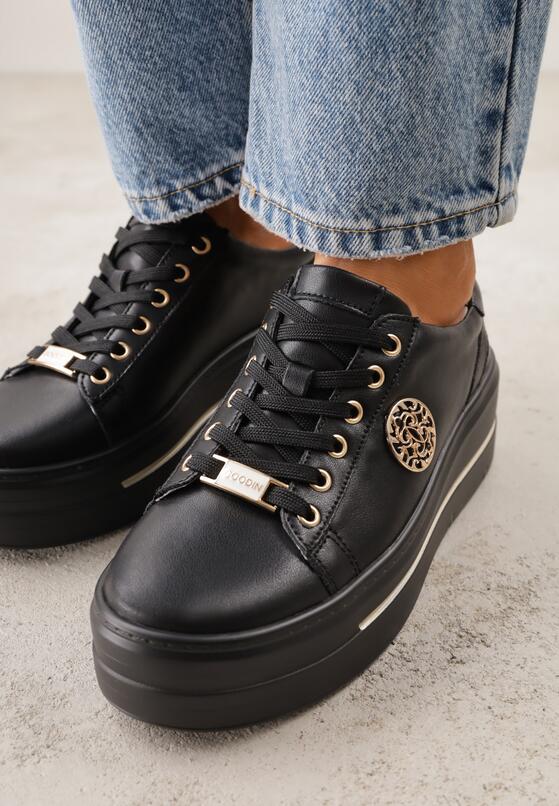 Czarne Sneakersy na Koturnie ze Skóry Naturalnej z Ozdobami Cnassophe 3