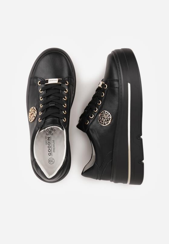 Czarne Sneakersy na Koturnie ze Skóry Naturalnej z Ozdobami Cnassophe 6