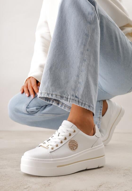 Białe Sneakersy na Koturnie ze Skóry Naturalnej z Ozdobami Cnassophe 2