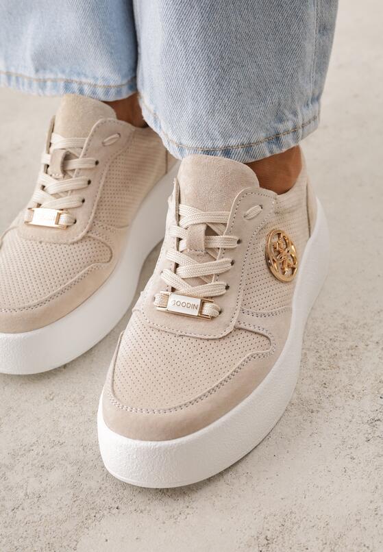 Beżowe Sneakersy Skórzane na Grubej Podeszwie z Geometryczną Ozdobą Syrolphi 3