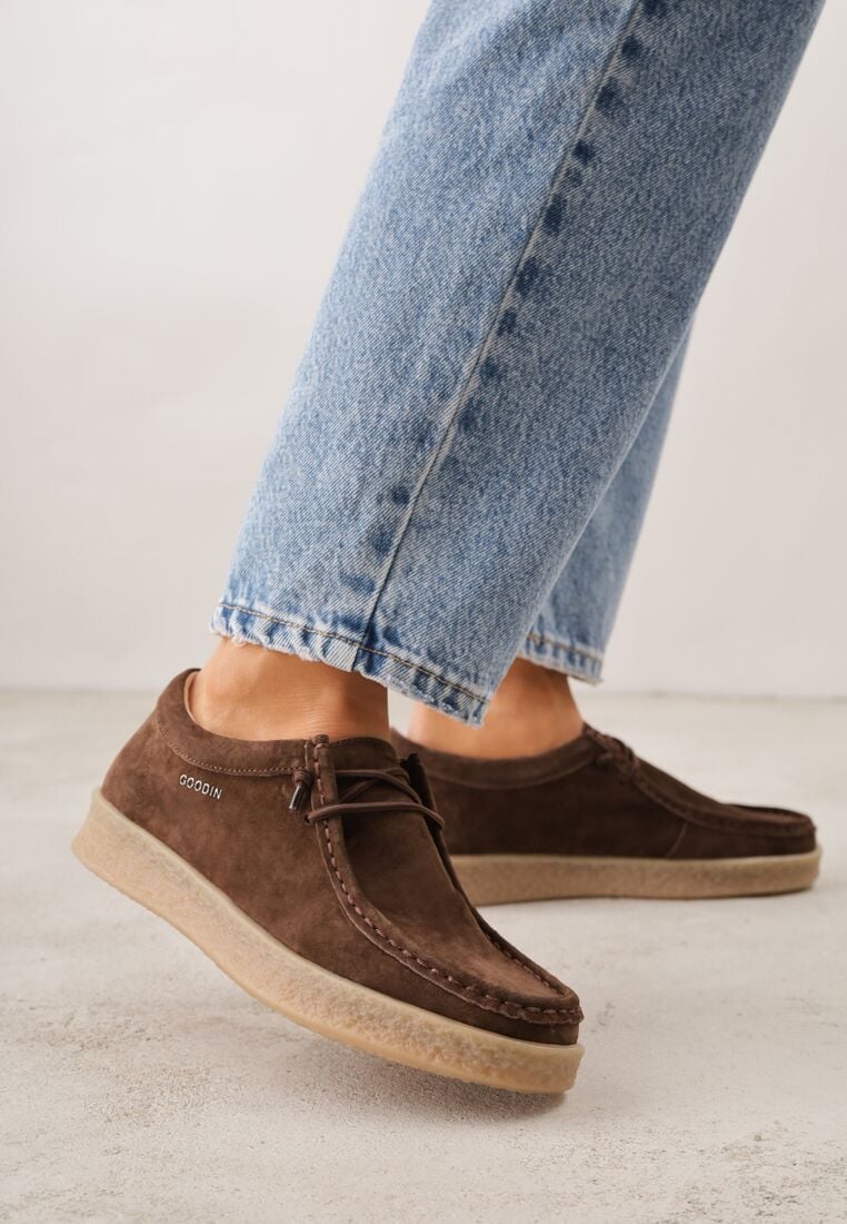 Brązowe Zamszowe Półbuty ze Skórzaną Wkładką i Ozdobnymi Przeszyciami Olenos 2