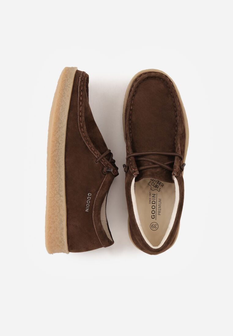 Brązowe Zamszowe Półbuty ze Skórzaną Wkładką i Ozdobnymi Przeszyciami Olenos 6