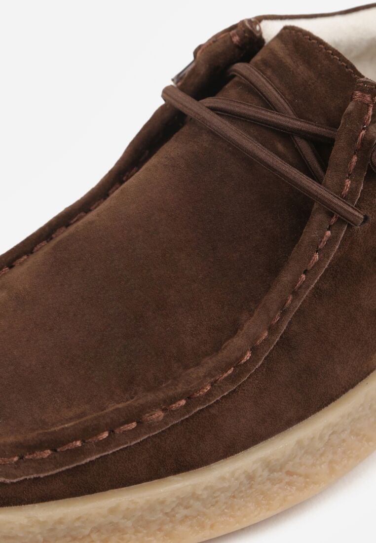 Brązowe Zamszowe Półbuty ze Skórzaną Wkładką i Ozdobnymi Przeszyciami Olenos 8