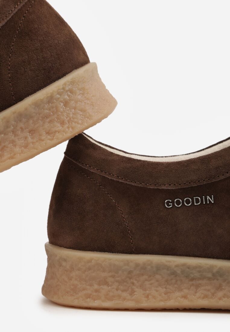 Brązowe Zamszowe Półbuty ze Skórzaną Wkładką i Ozdobnymi Przeszyciami Olenos 9
