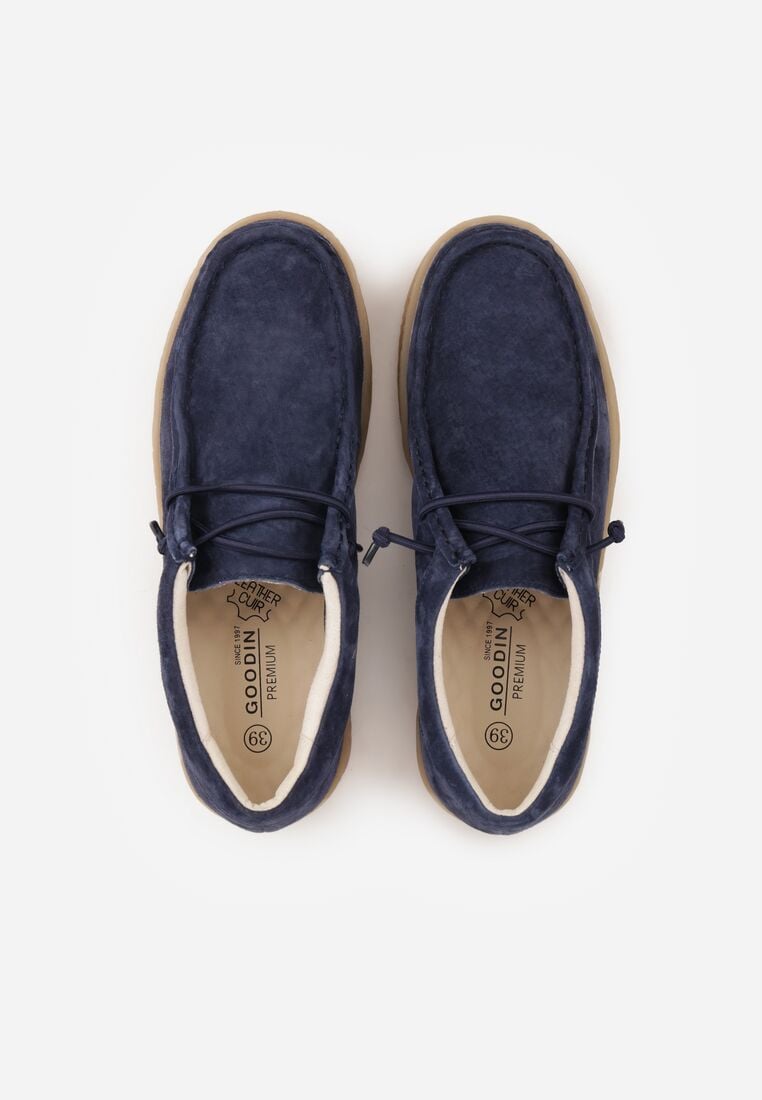 Granatowe Zamszowe Półbuty ze Skórzaną Wkładką i Ozdobnymi Przeszyciami Olenos 6