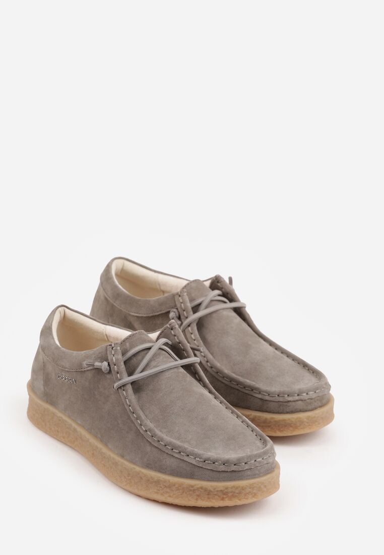 Ciemnobeżowe Zamszowe Półbuty ze Skórzaną Wkładką i Ozdobnymi Przeszyciami Olenos 5