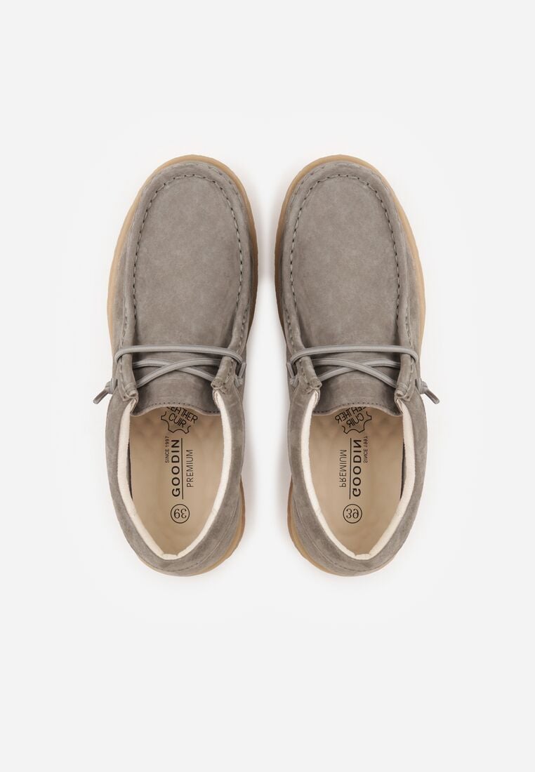 Ciemnobeżowe Zamszowe Półbuty ze Skórzaną Wkładką i Ozdobnymi Przeszyciami Olenos 6