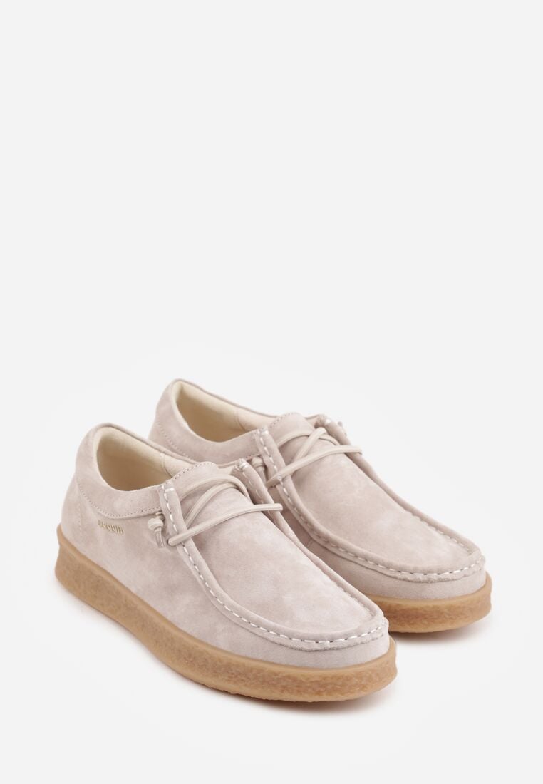 Beżowe Zamszowe Półbuty ze Skórzaną Wkładką i Ozdobnymi Przeszyciami Olenos 5