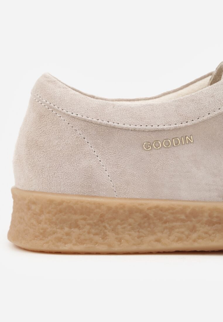 Beżowe Zamszowe Półbuty ze Skórzaną Wkładką i Ozdobnymi Przeszyciami Olenos 9