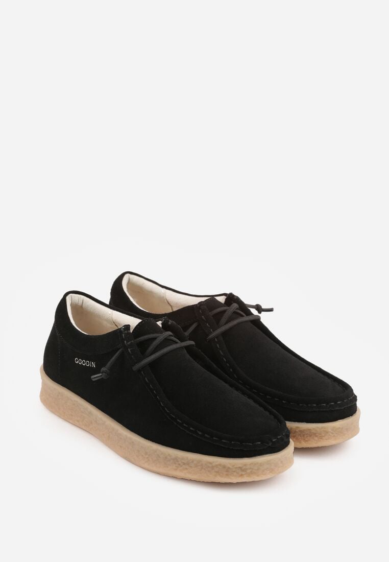 Czarne Zamszowe Półbuty ze Skórzaną Wkładką i Ozdobnymi Przeszyciami Olenos 5