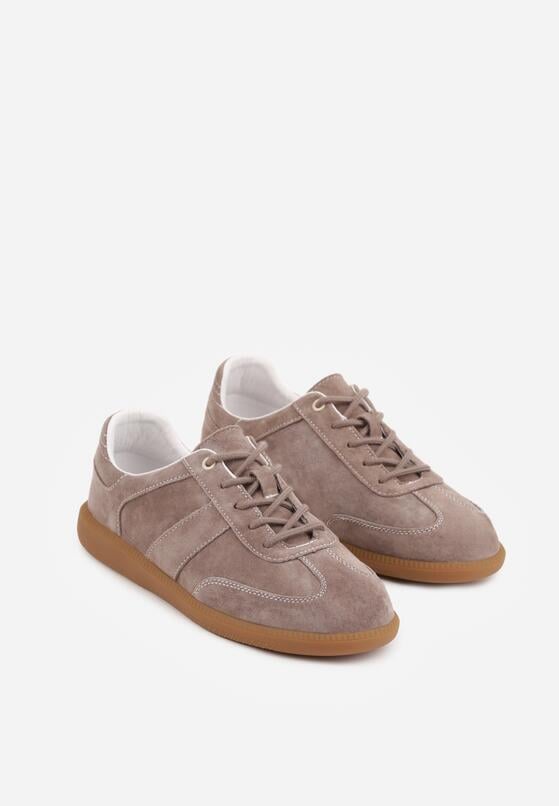 Ciemnobeżowe Sneakersy z Zamszu Naturalnego ze Skórzaną Wkładką i Przeszyciami Muririal 5