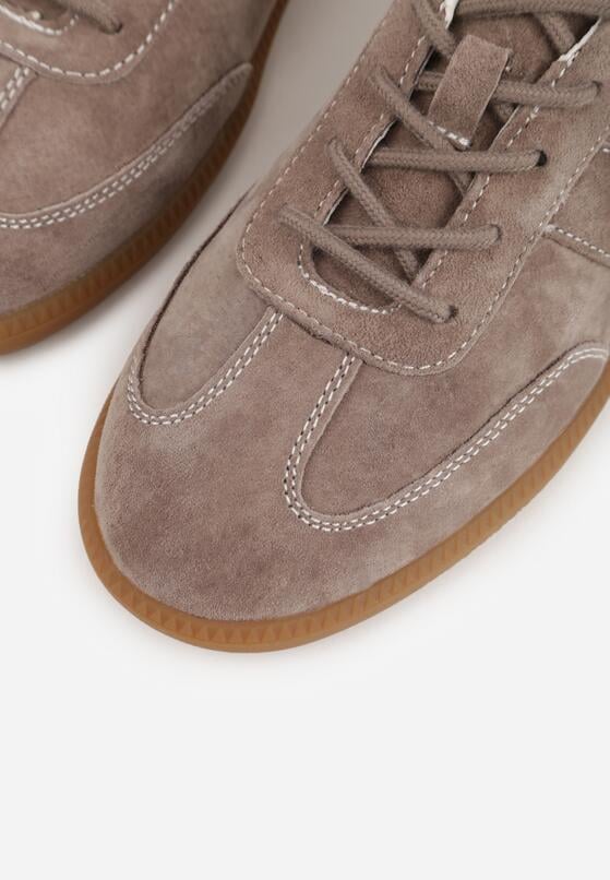 Ciemnobeżowe Sneakersy z Zamszu Naturalnego ze Skórzaną Wkładką i Przeszyciami Muririal 8