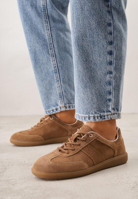 Brązowe Sneakersy z Zamszu Naturalnego ze Skórzaną Wkładką i Przeszyciami Muririal 1