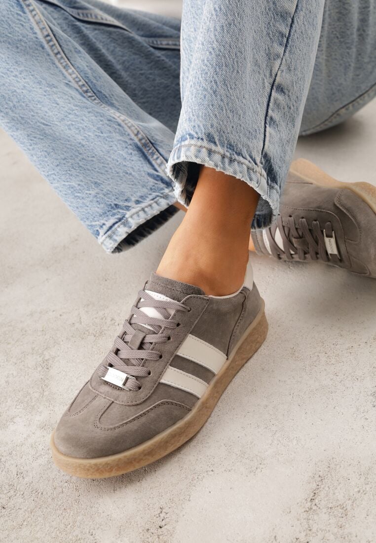 Ciemnobeżowe Sneakersy ze Skóry Naturalnej w Stylu Tenisówek z Paskami Arethephila 2