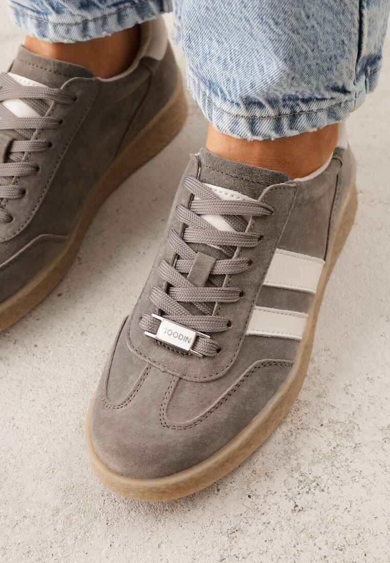 Ciemnobeżowe Sneakersy ze Skóry Naturalnej w Stylu Tenisówek z Paskami Arethephila 3