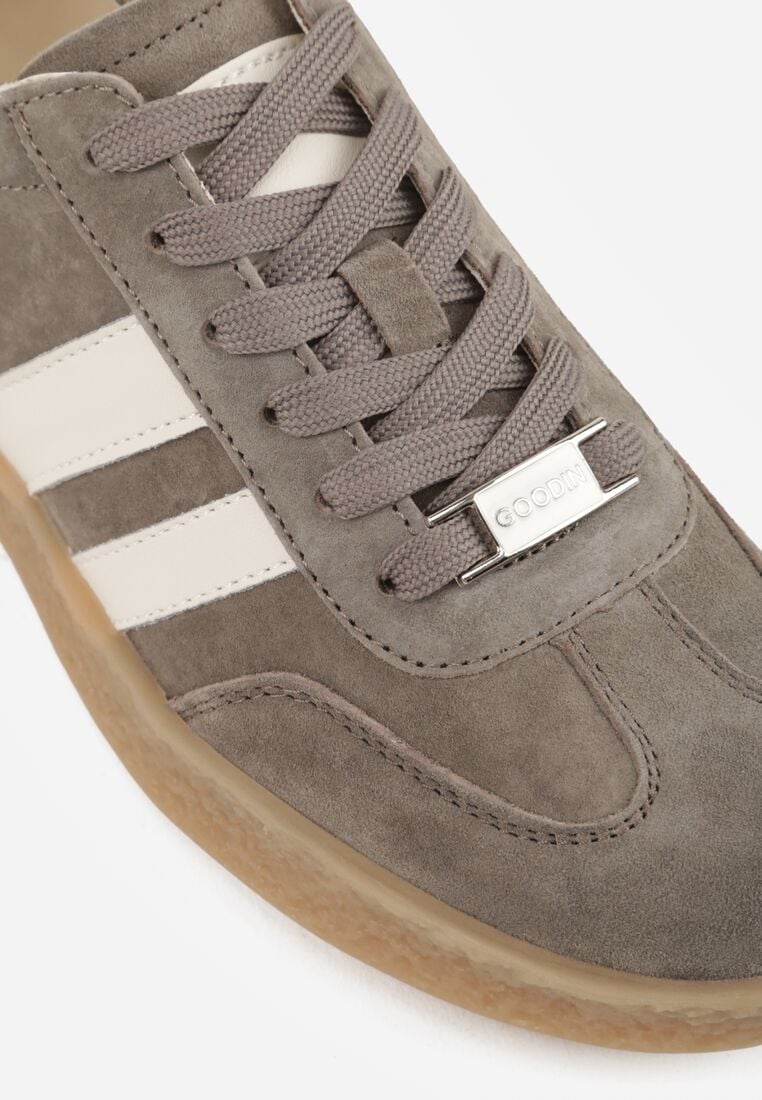 Ciemnobeżowe Sneakersy ze Skóry Naturalnej w Stylu Tenisówek z Paskami Arethephila 8