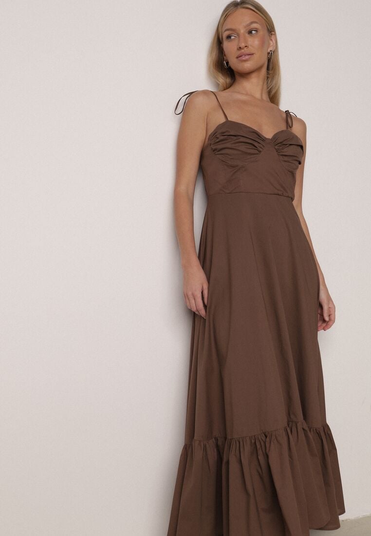 Brązowa Bawełniana Sukienka o Rozkloszowanym Kroju na Wiązanych Ramiączkach Milalisa 1