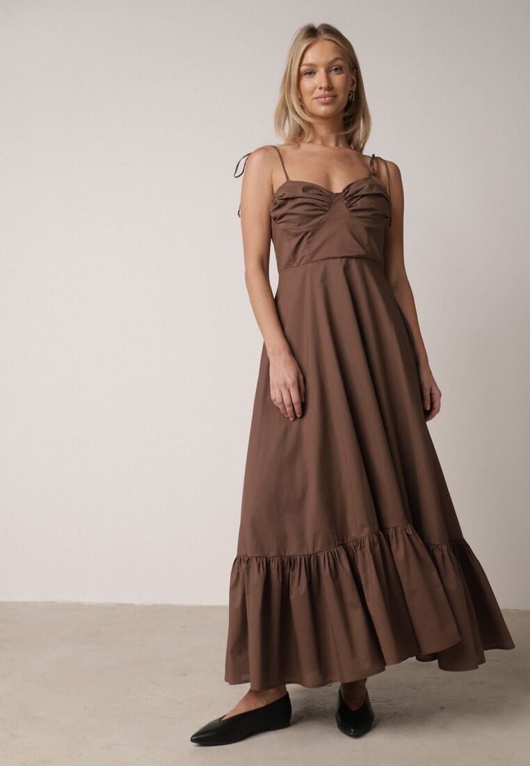 Brązowa Bawełniana Sukienka o Rozkloszowanym Kroju na Wiązanych Ramiączkach Milalisa 2