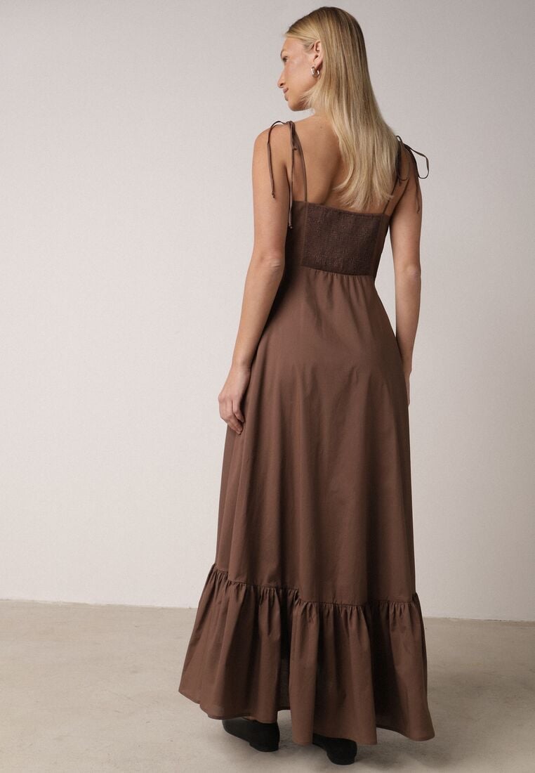 Brązowa Bawełniana Sukienka o Rozkloszowanym Kroju na Wiązanych Ramiączkach Milalisa 3