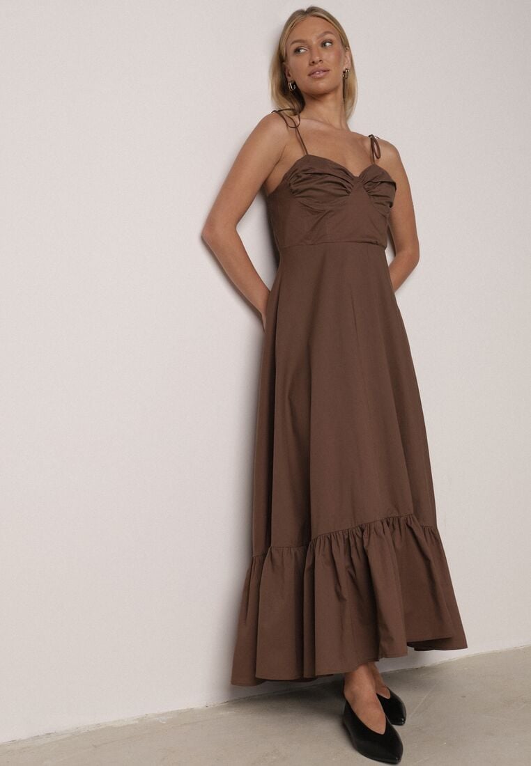 Brązowa Bawełniana Sukienka o Rozkloszowanym Kroju na Wiązanych Ramiączkach Milalisa 4