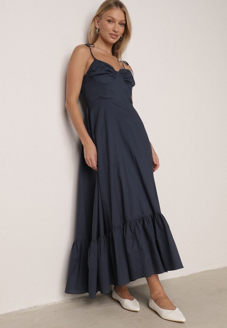 Granatowa Bawełniana Sukienka o Rozkloszowanym Kroju na Wiązanych Ramiączkach Milalisa 1