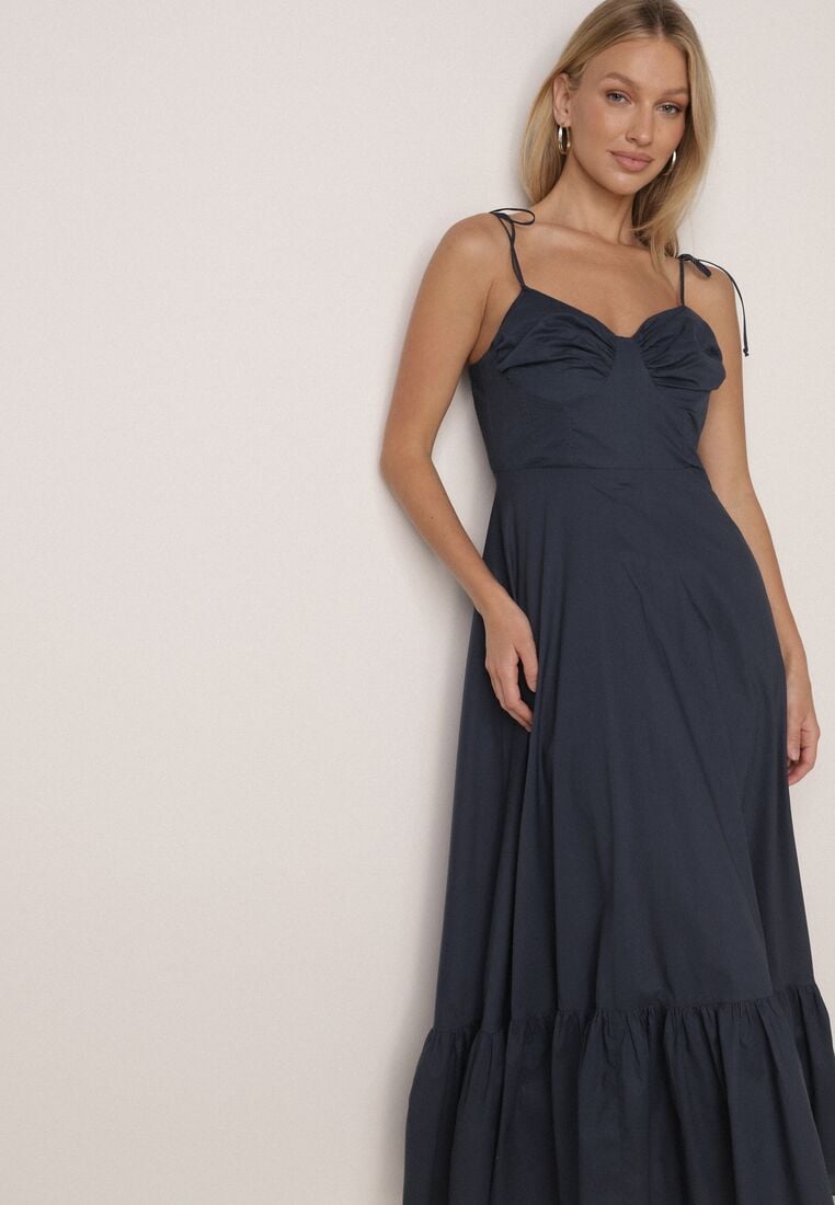 Granatowa Bawełniana Sukienka o Rozkloszowanym Kroju na Wiązanych Ramiączkach Milalisa 2