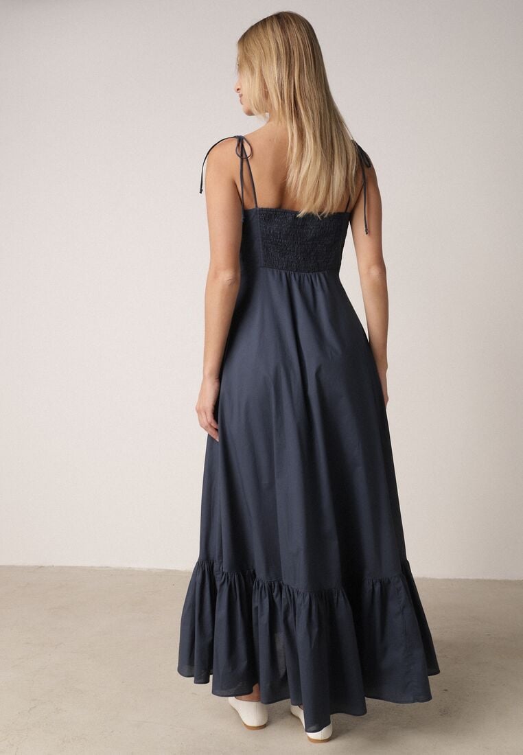 Granatowa Bawełniana Sukienka o Rozkloszowanym Kroju na Wiązanych Ramiączkach Milalisa 3