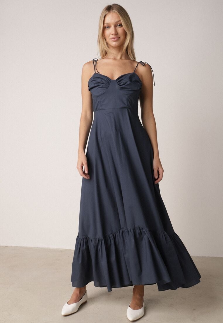 Granatowa Bawełniana Sukienka o Rozkloszowanym Kroju na Wiązanych Ramiączkach Milalisa 4