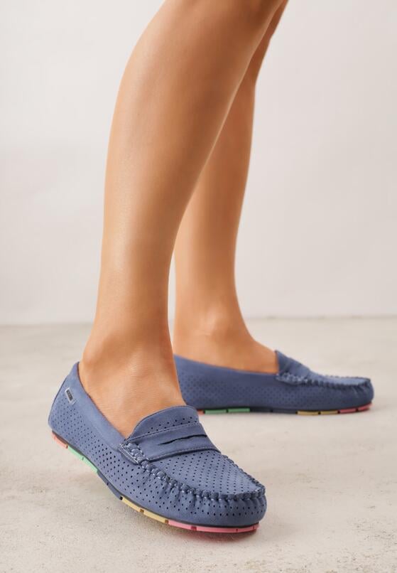 Niebieskie Ażurowe Mokasyny ze Skórzaną Wkładką Ozdobione Przeszyciami Sylilise 2